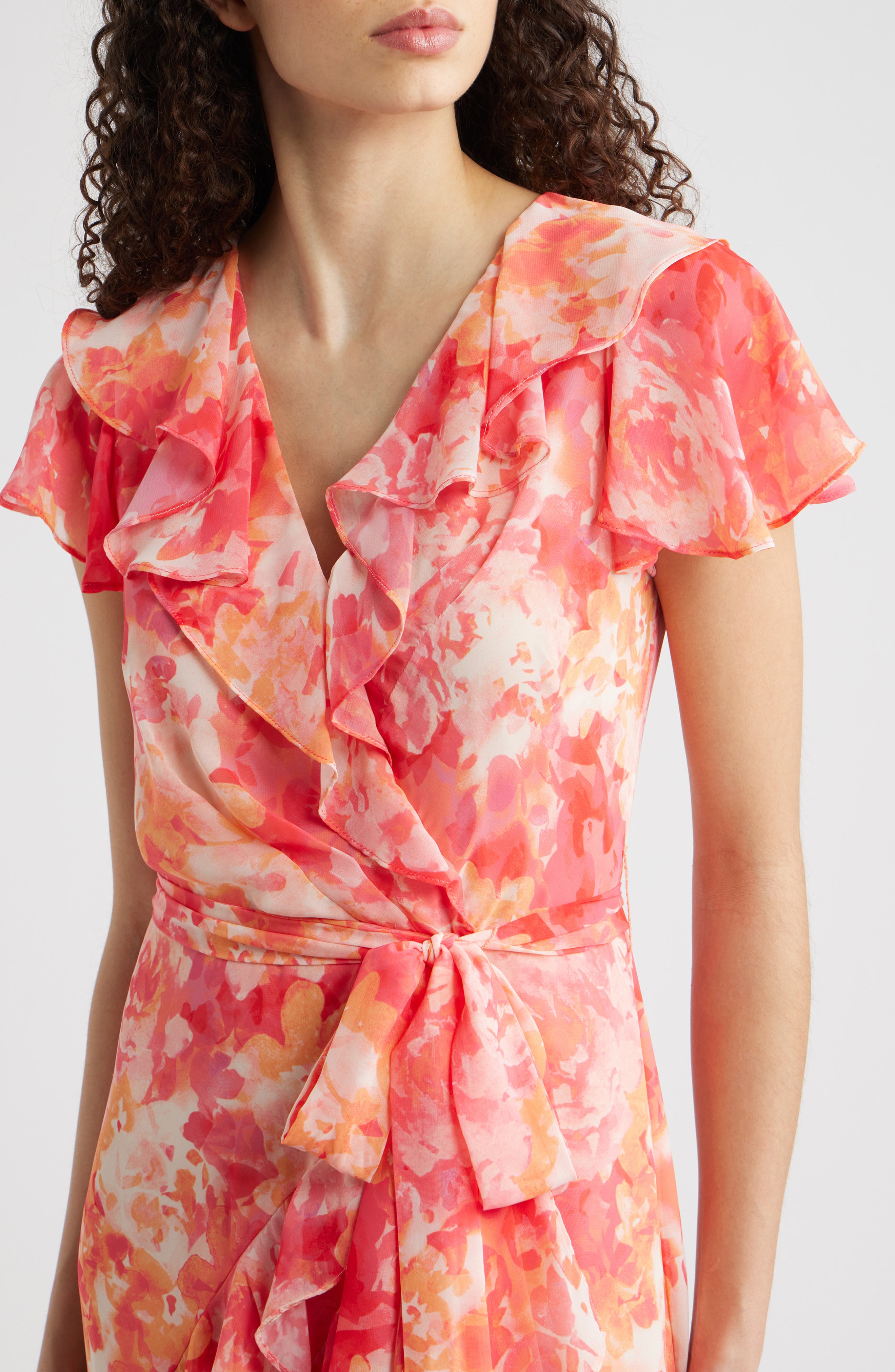 floral ruffle asymmetric silk dress Vintage Woman Blue White Floral Ruffled Asymmetric Silk Dress