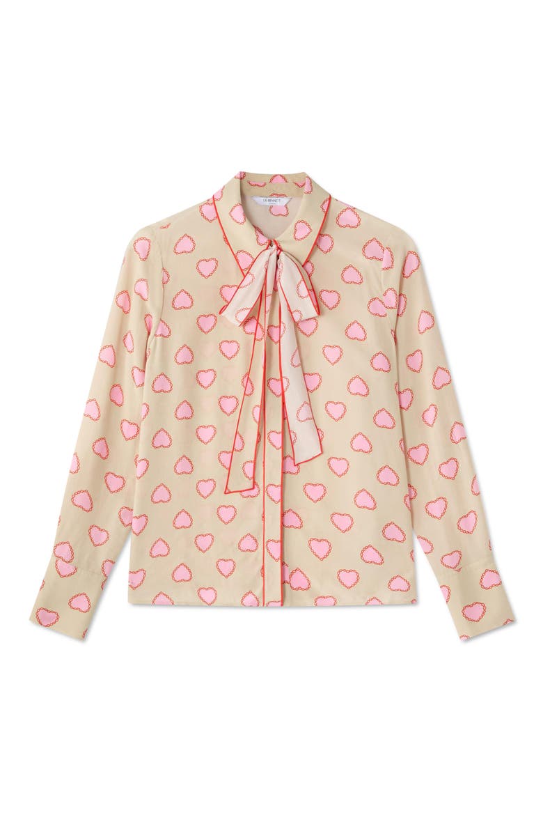 Amore Stitch Tie Neck Button-Up Shirt, Alternate, color, NATURAL MULTI