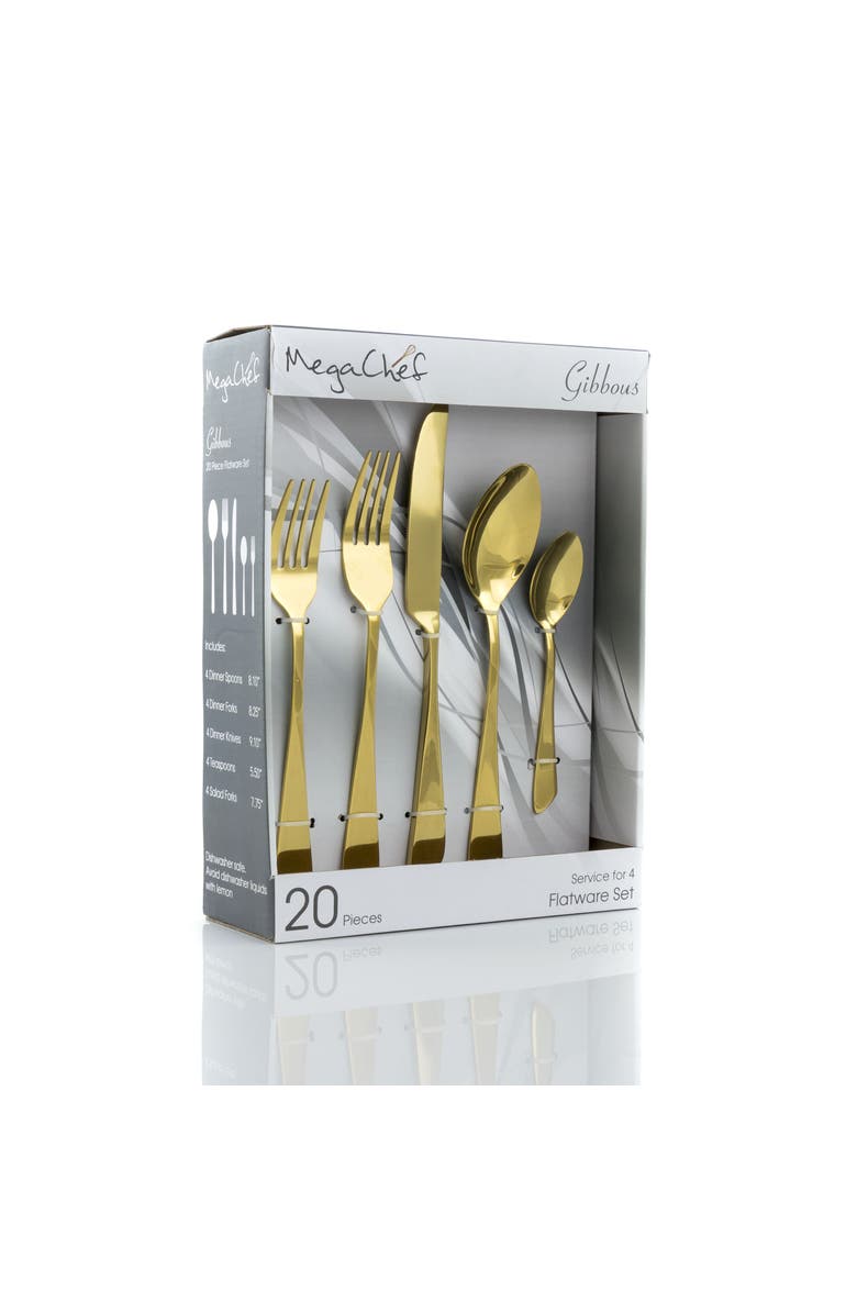 Megachef Gibbous 20 Piece Flatware Utensil Set, Stainless Steel Silverware Metal Service for 4, Alternate, color, Gold