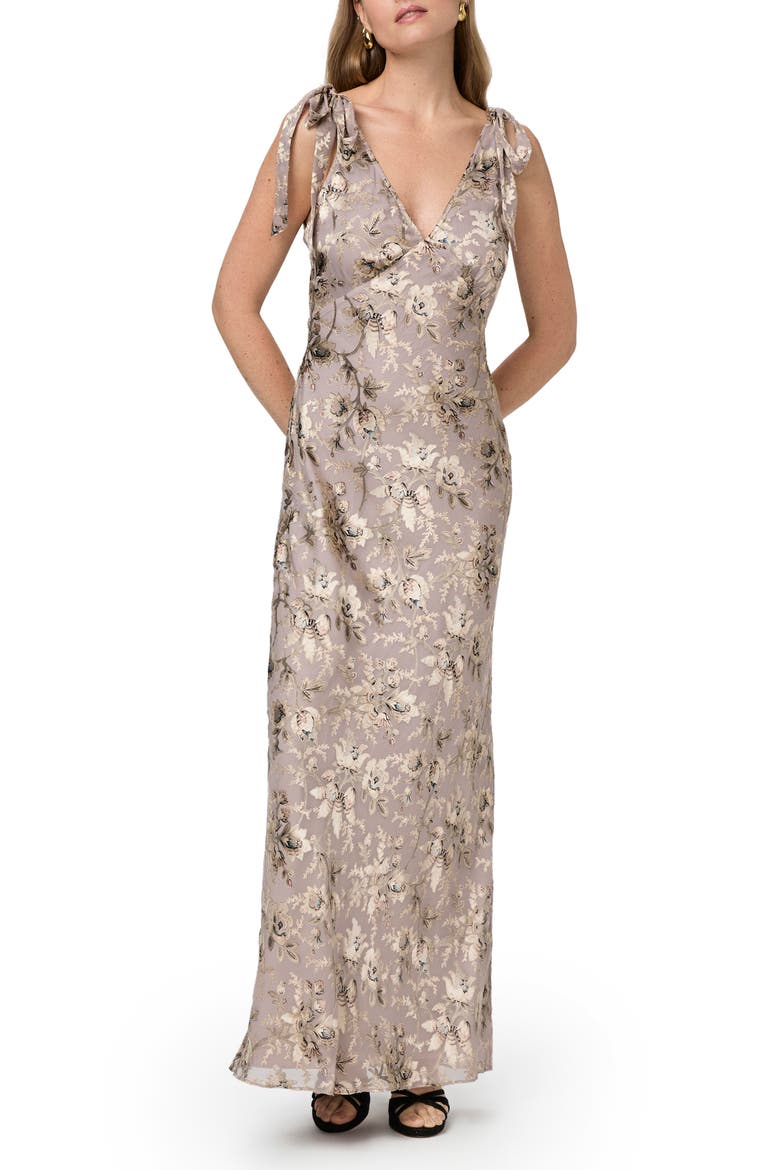 Vialla Floral Empire Waist Chiffon Gown, Main, color, PEWTER MULTI