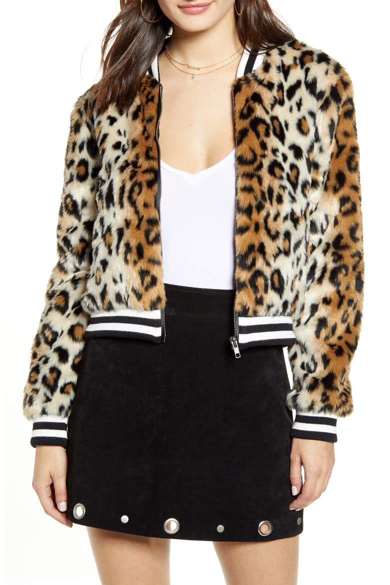 Leopard Faux Fur Bomber Jacket, Main, color, BLACK
