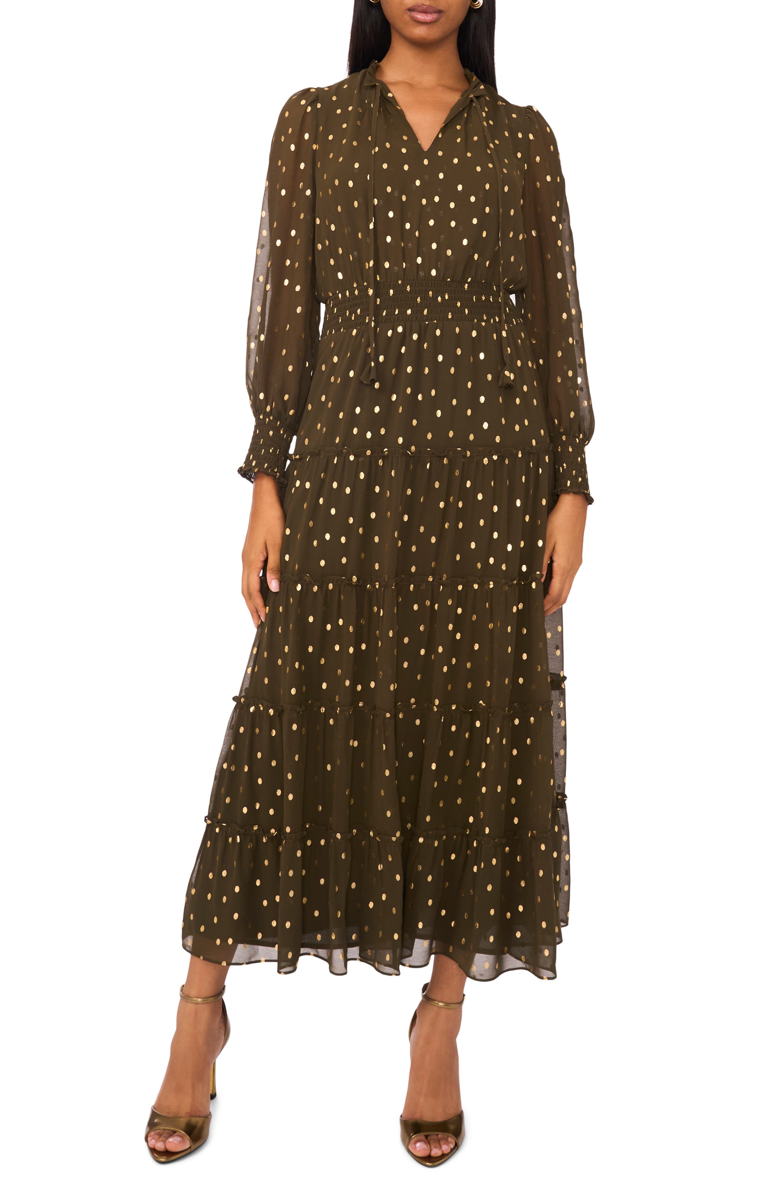 Halogen® Tie Neck Long Sleeve Tiered Maxi Dress