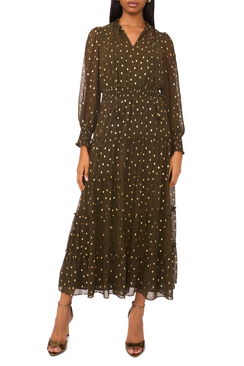 Tie Neck Long Sleeve Tiered Maxi Dress, Main, color, GREEN MOSS