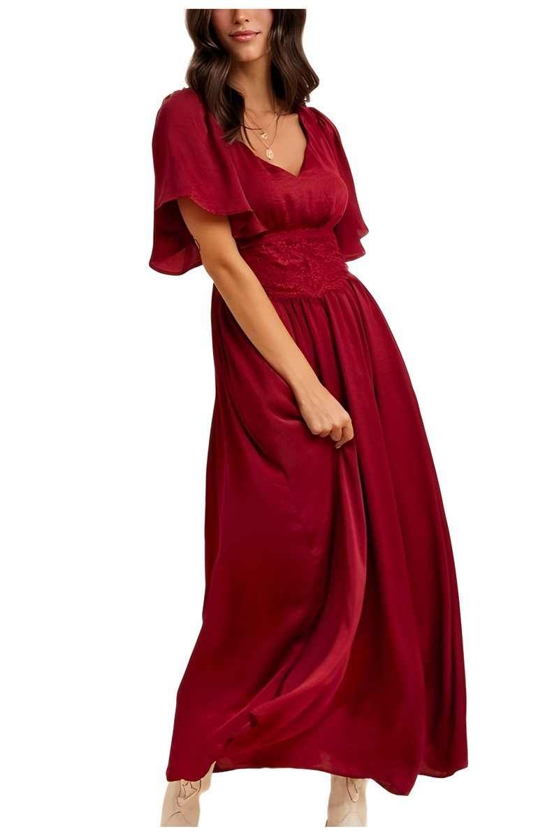 Knit and Lounge Lace Waist Flutter Sleeve Maxi Dress, Main, color, Burgundy