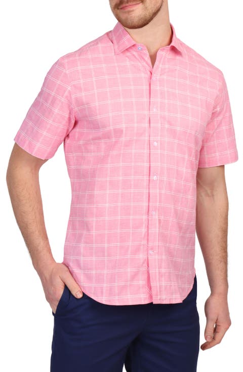 Windowpane Stretch Cotton Short Sleeve Button-Down Shirt
