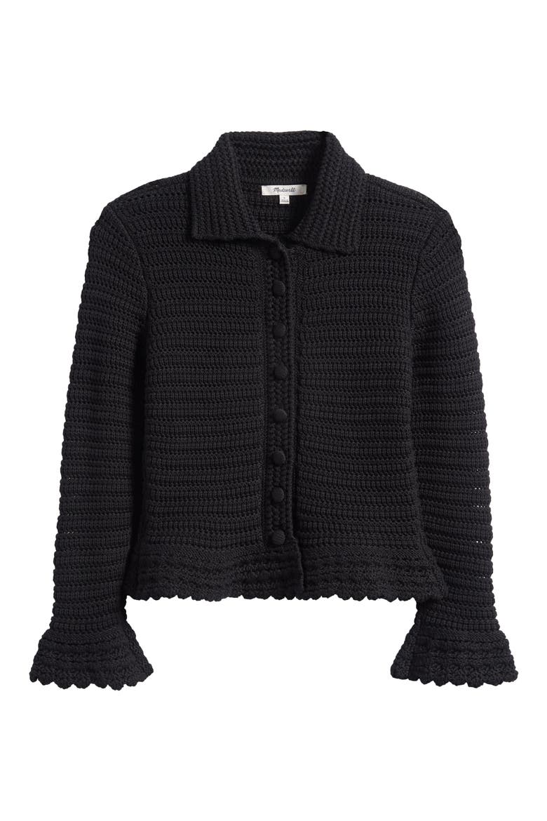 Pointelle Knit Peplum Cotton Cardigan, Alternate, color, JET BLACK