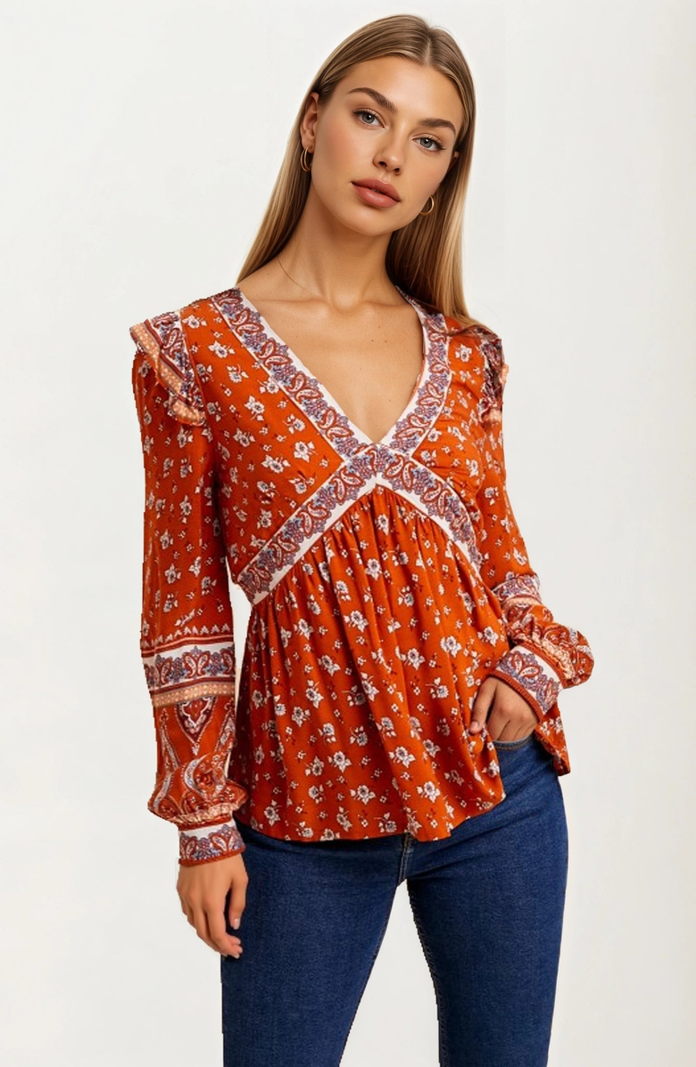 Knit and Lounge Floral Print Contrast Trim V-Neck Boho Blouse, Alternate, color, Orange Floral