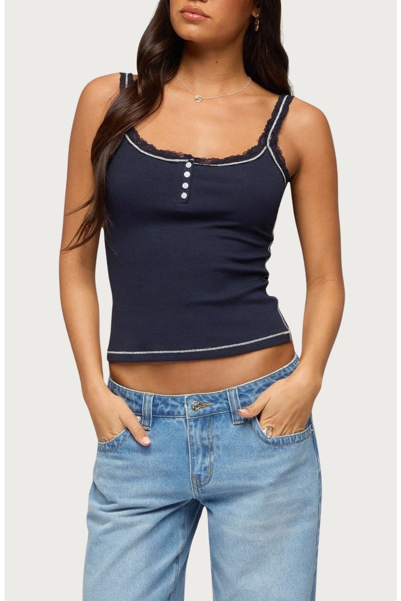 Contrast Stich Lace Henley Tank, Main, color, NAVY