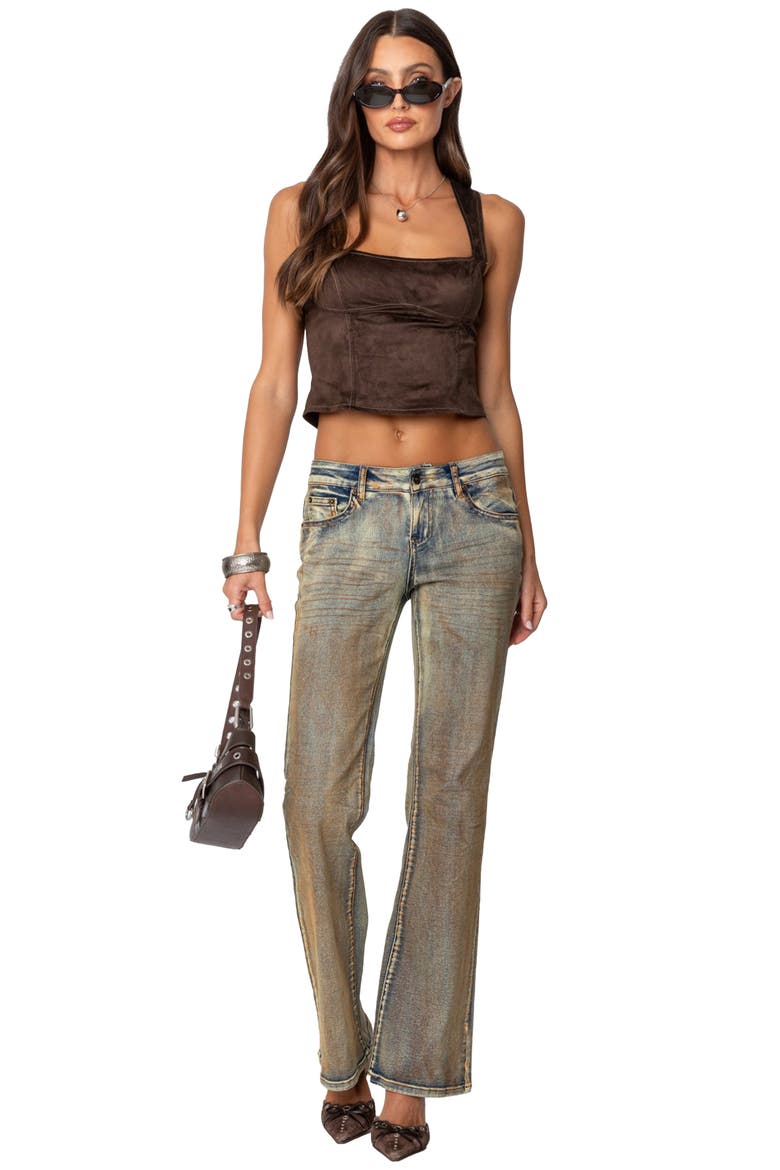 Tie Back Faux Suede Bustier Top, Alternate, color, BROWN