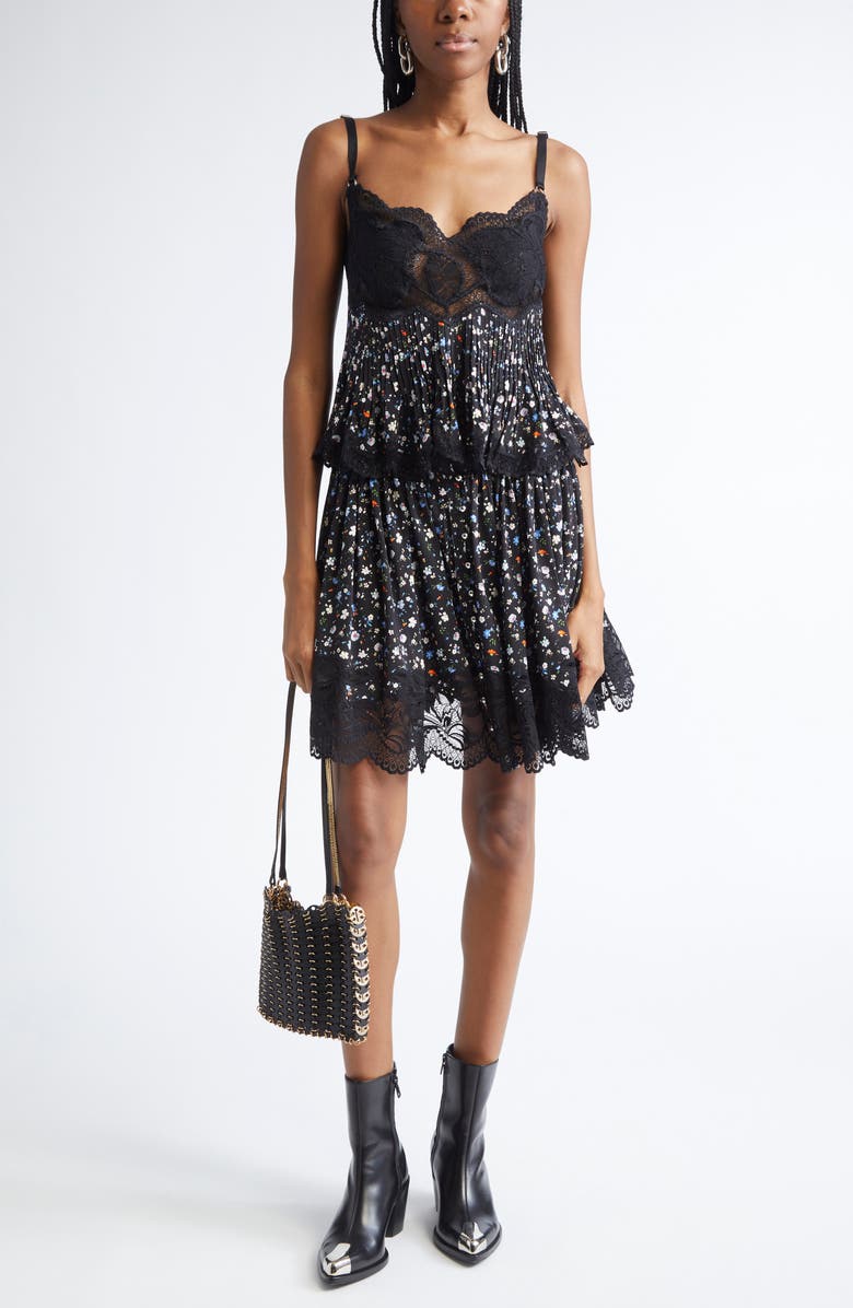 Rabanne Pleated Floral Lace Top, Alternate, color, Black