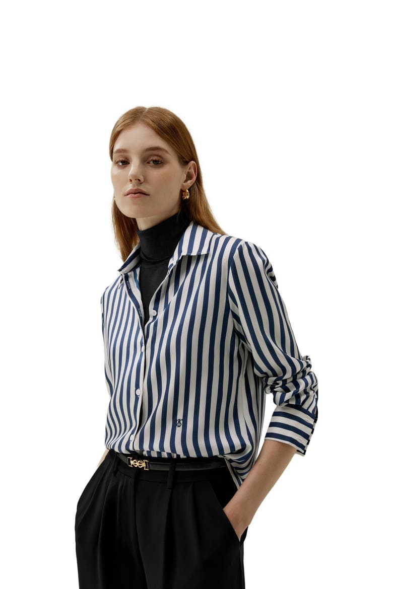 Women's Classic Striped Silk Shirt, Alternate, color, Blue-White-Pinstripes
