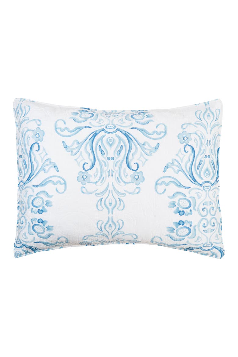 Veranda Blue Watercolor Damask 100% Cotton Standard Pillow Sham 20" x 26", Main, color, Blue