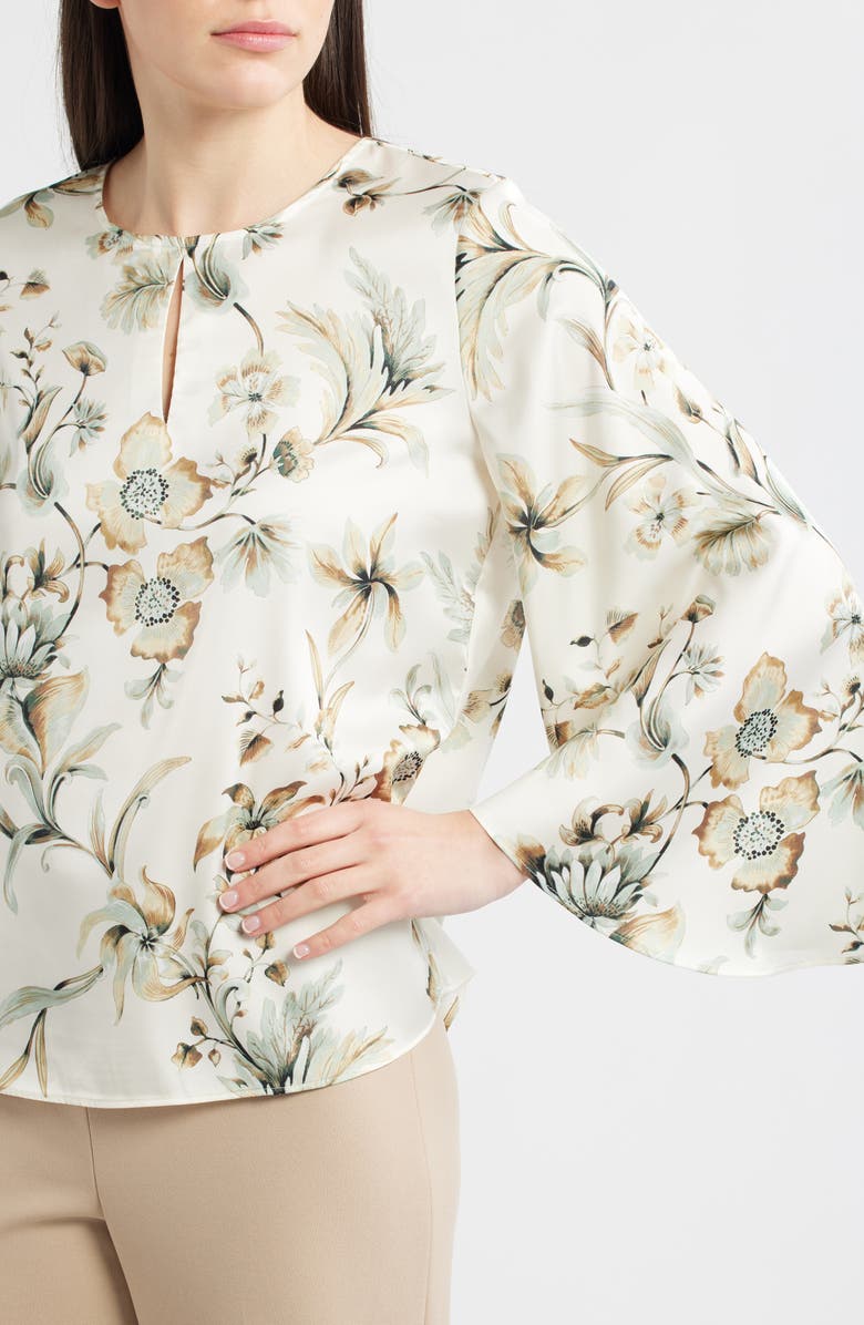 Anne Klein Floral Keyhole Satin Top, Alternate, color, White Dove Multi
