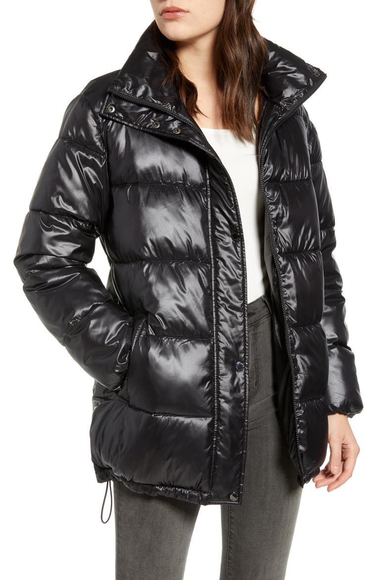 Stand Collar Water Resistant Puffer Coat, Main, color, BLACK