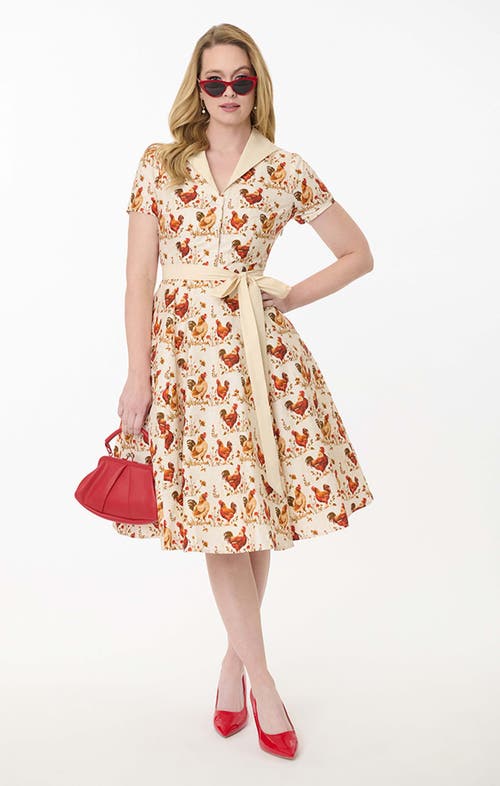 Unique Vintage 1950s Collared Shirt Dress in Beige Rooster Print  product