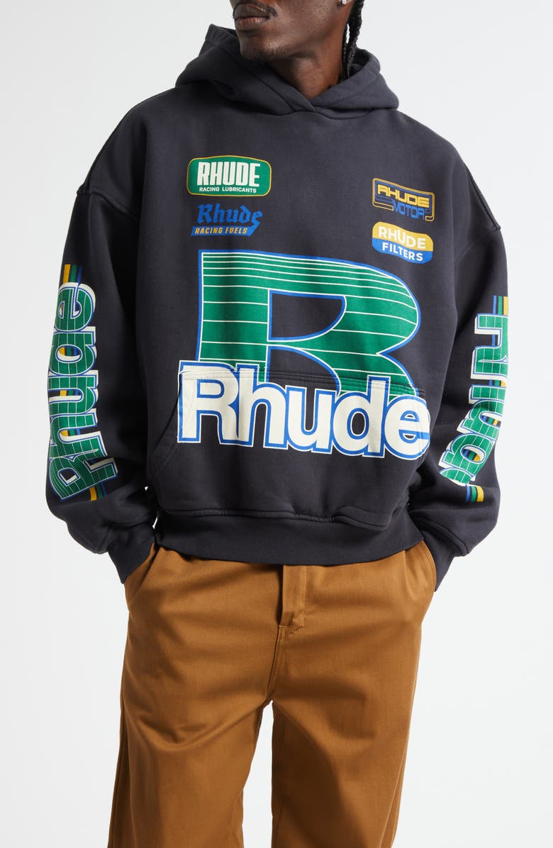 Rhude Roadway Racing Graphic Hoodie, Main, color, Vintage Black