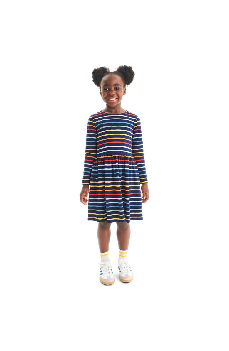 Primary Kids Long Sleeve Perfect Pocket Dress In Rainbow Stripe, Alternate, color, Navy/Rainbow Stripe