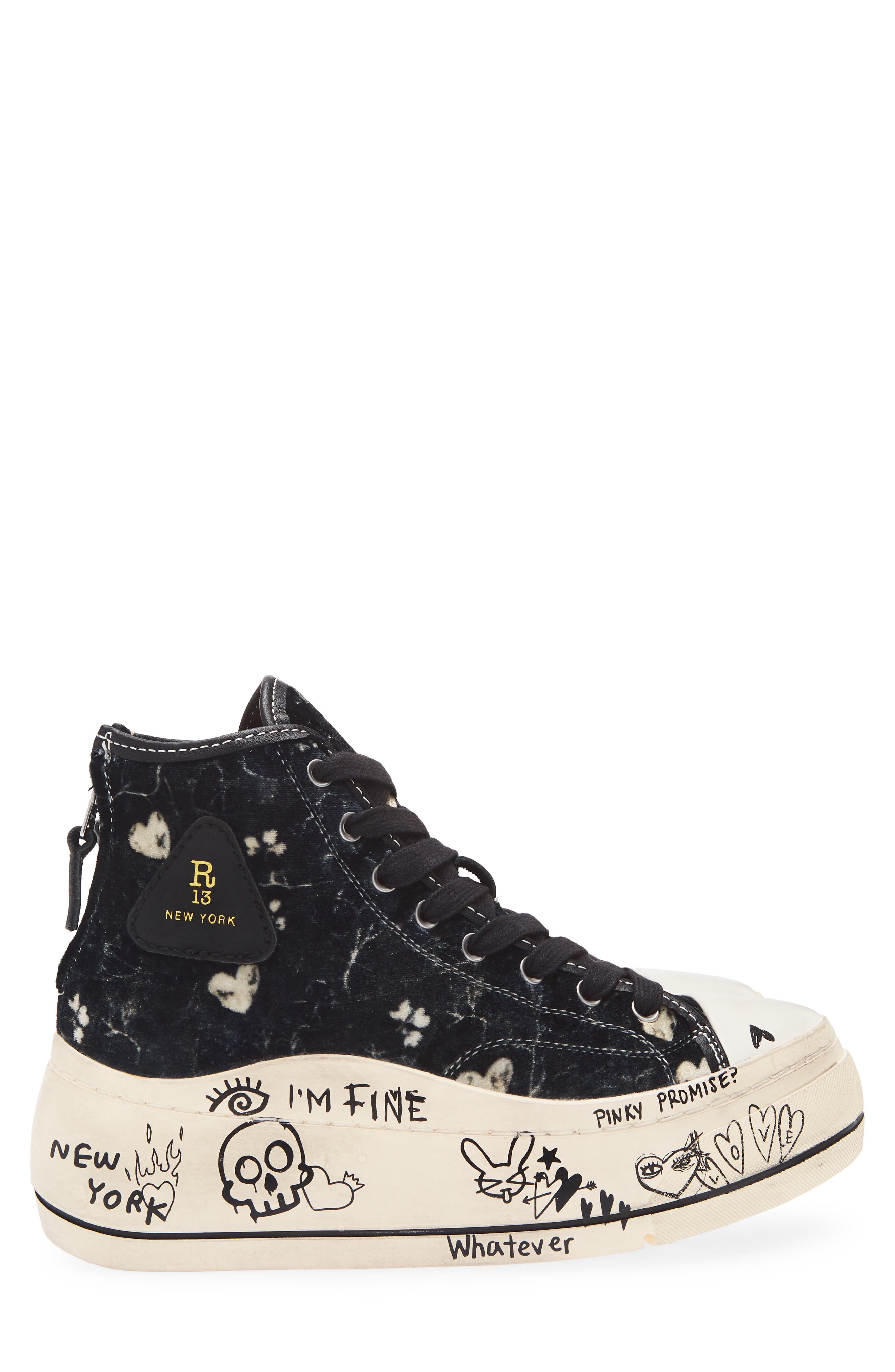 R13 Kurt Platform High Top Sneaker, Alternate, color, Hearts On Black Graffiti