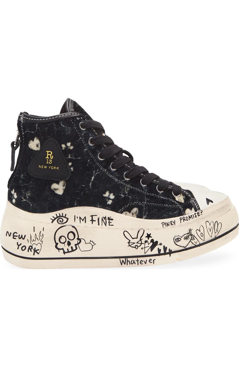 R13 Kurt Platform High Top Sneaker, Alternate, color, Hearts On Black Graffiti