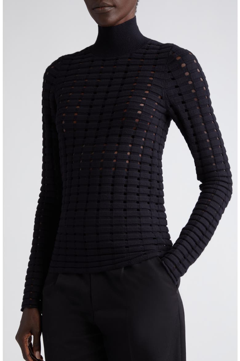 Dimensional Pointelle Stitch Turtleneck Sweater, Alternate, color, BLACK