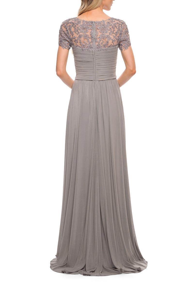 Jersey Long Evening Dress with Short Lace Sleeves, Alternate, color, SILVER
