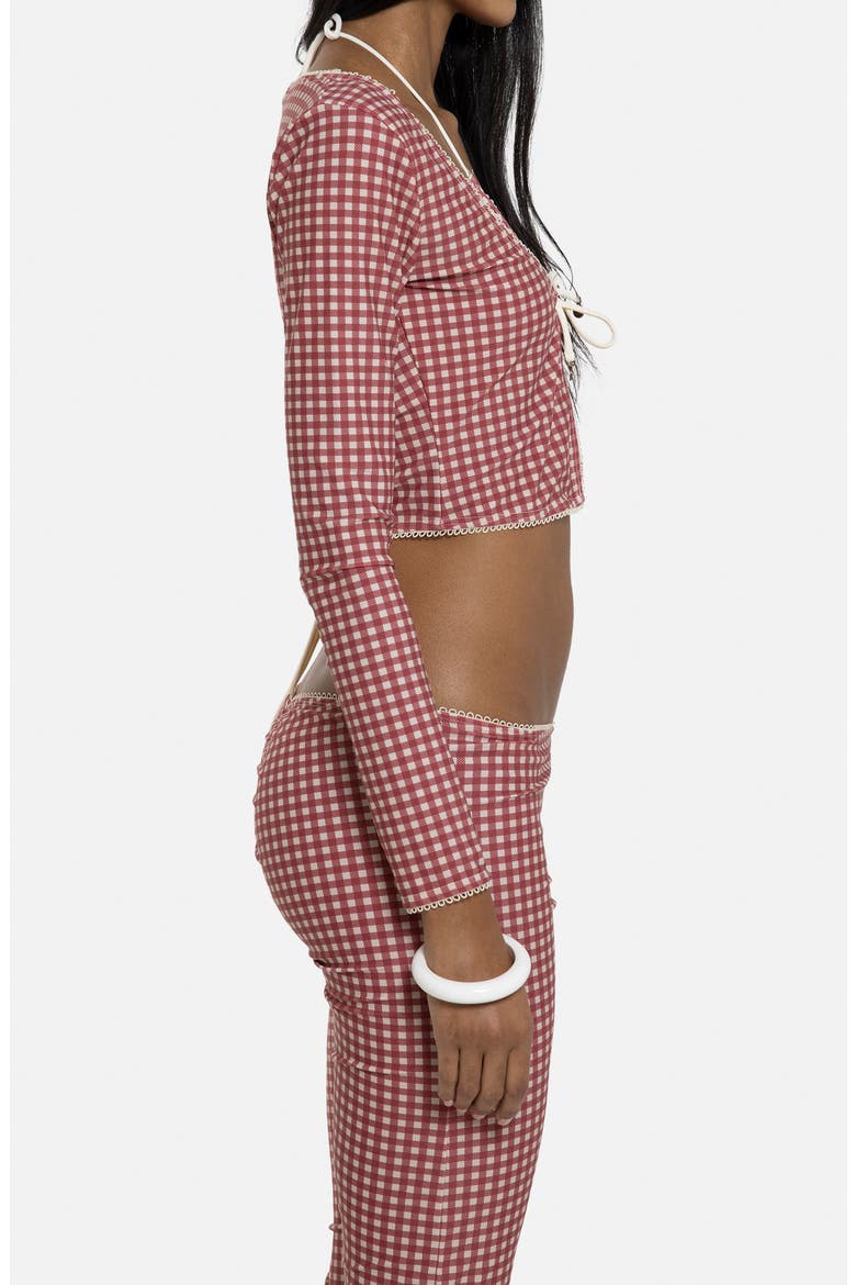 Gingham Tie Front Picot Trim Crop Cardigan, Alternate, color, RED