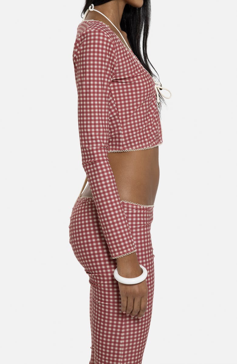 JADED LONDON Gingham Tie Front Picot Trim Crop Cardigan, Alternate, color, Red