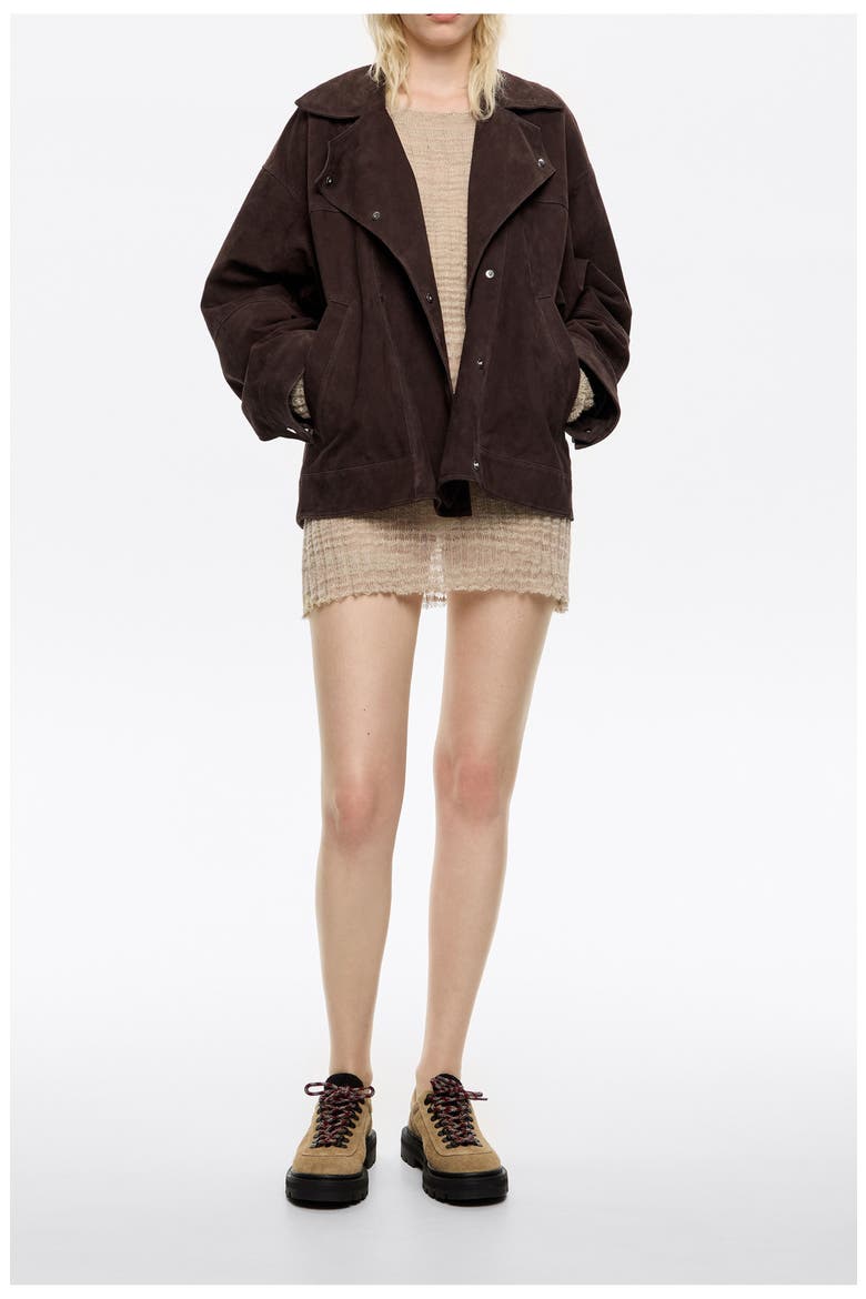 Suede Double-Breasted Jacket, Main, color, DARK BROWN