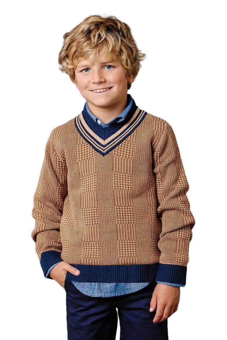 Boys' Organic Intarsia Cricket Sweater, Kids, Main, color, Brown Glen Plaid Intarsia