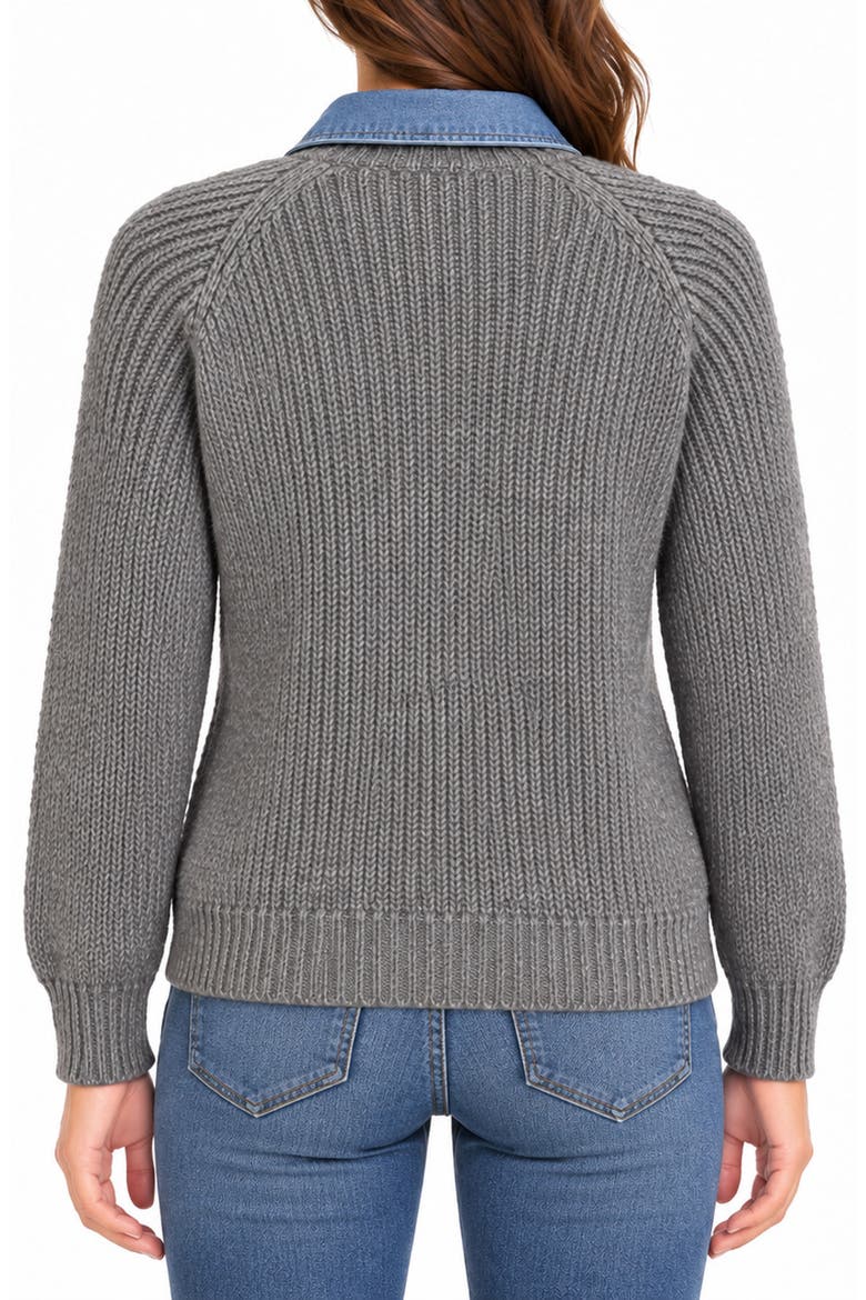 Chunky Two-Fer V-Neck Sweater, Alternate, color, HEATHER GREY/ DENIM
