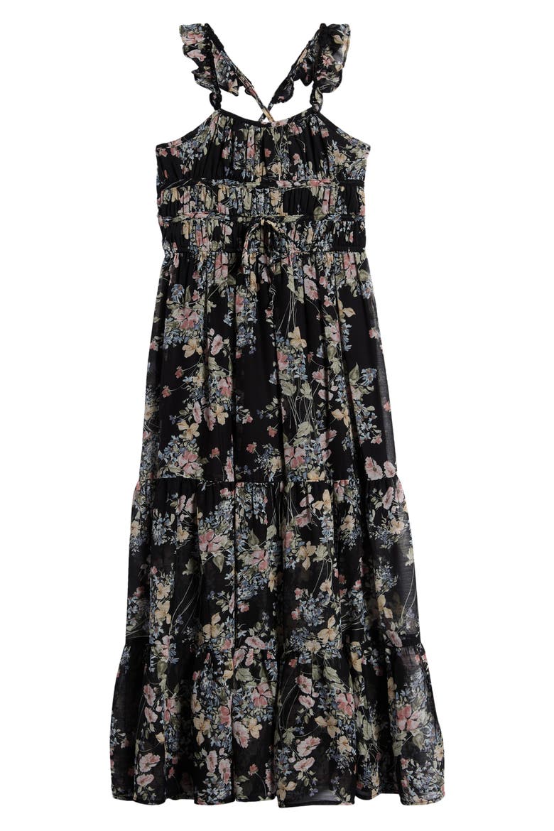 Kids' Floral Ruffle Strap Maxi Dress, Main, color, BLACK