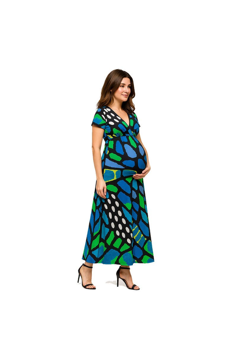 24seven Comfort Apparel Maternity Blue Butterfly Print V-Neck Empire Waist Cap Sleeve Maxi Dress, Alternate, color, Blue Multi