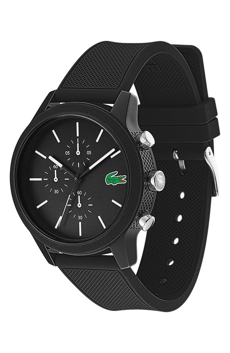Lacoste 12.12 Chronograph Silicone Band Watch, 44mm, Alternate, color, Black
