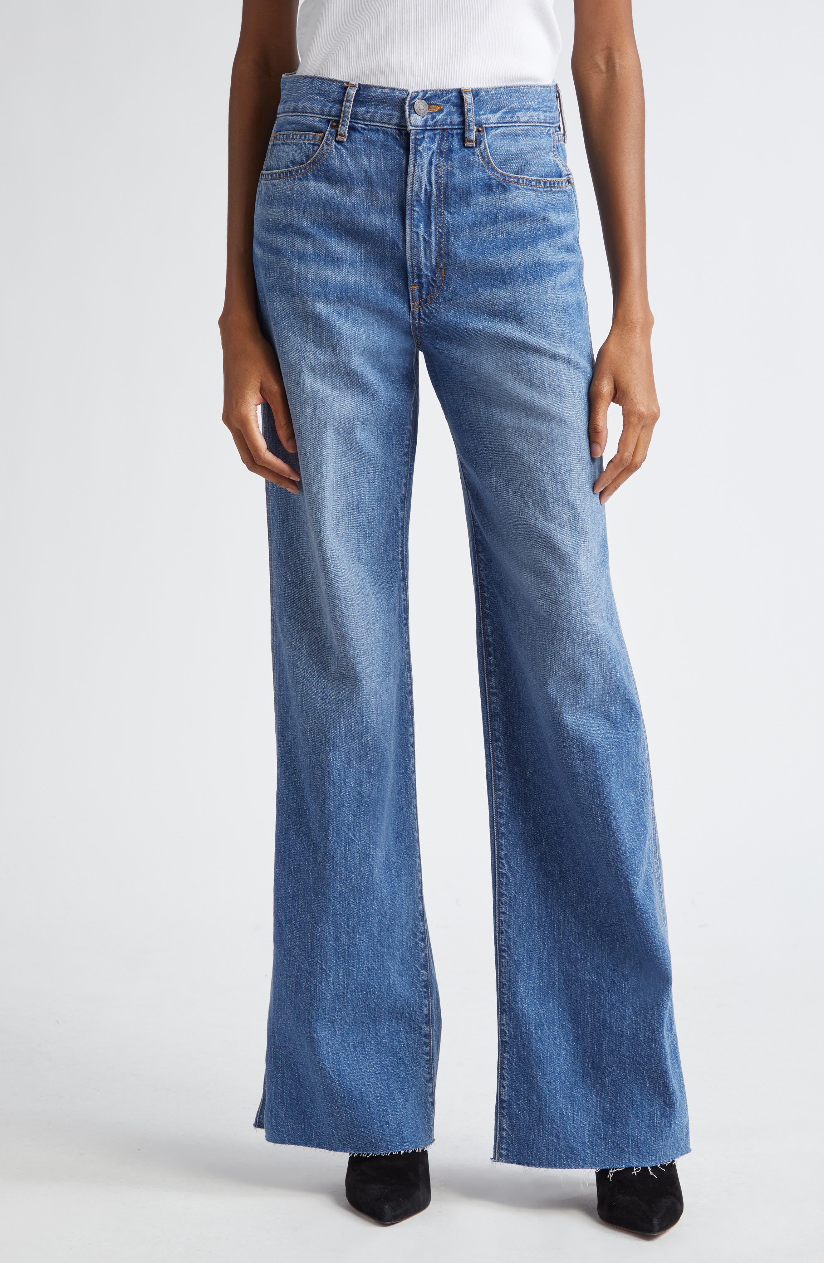 Veronica Beard Taylor High Waist Raw Hem Wide Leg Jeans