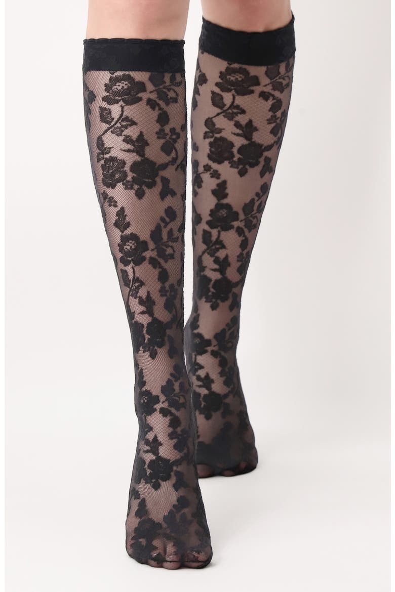 Shaded Roses Sheer Lace Knee High Socks, Alternate, color, BLACK/ BLACK