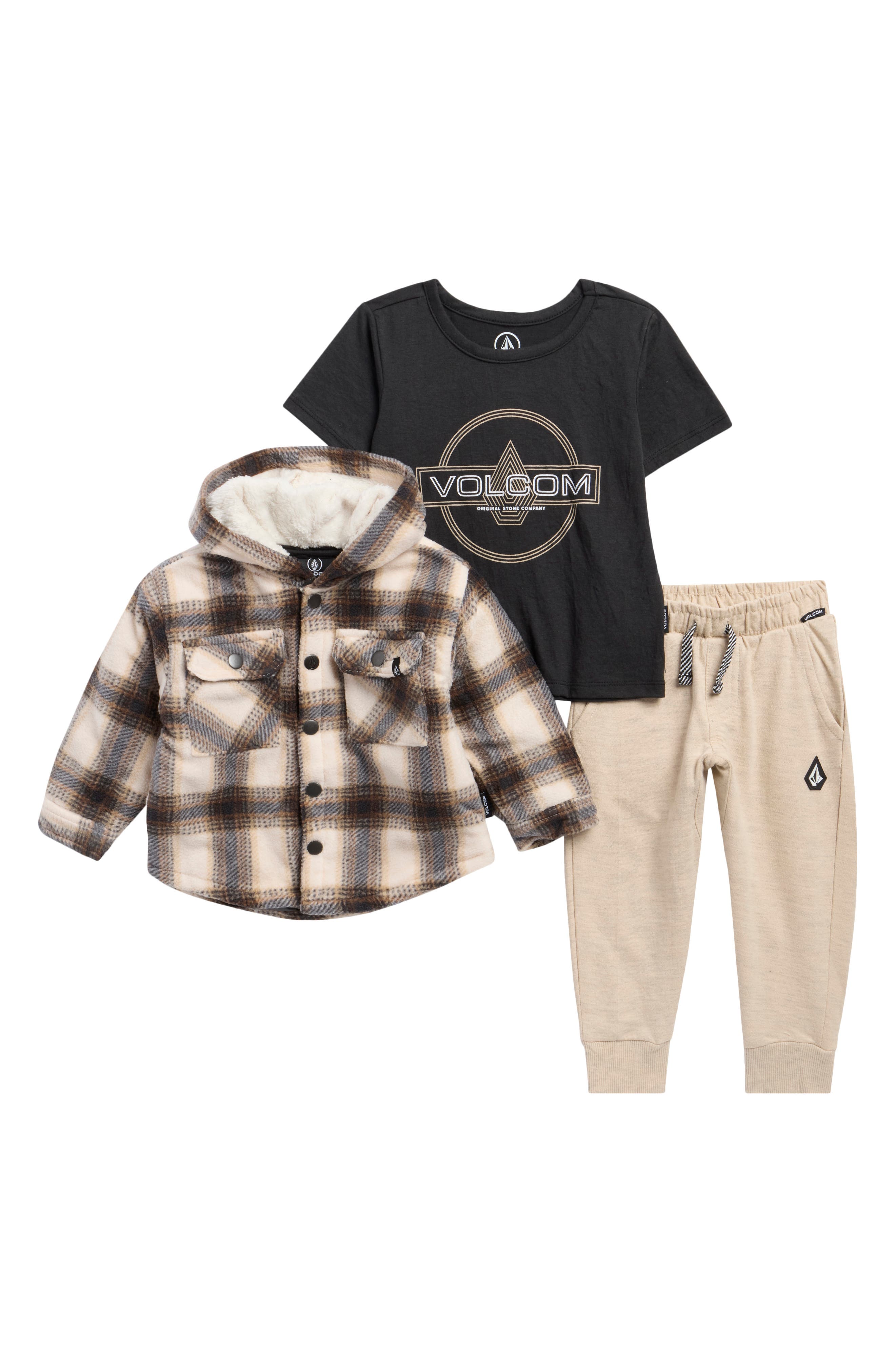 Plaid Fleece Hooded Shacket, Graphic T-Shirt & Joggers Set