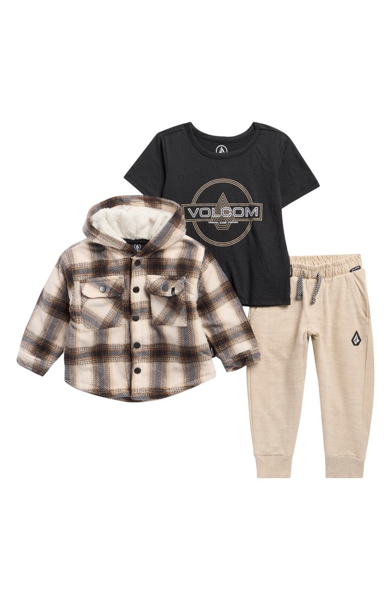 Volcom Plaid Fleece Hooded Shacket, Graphic T-Shirt & Joggers Set, Main, color, Black