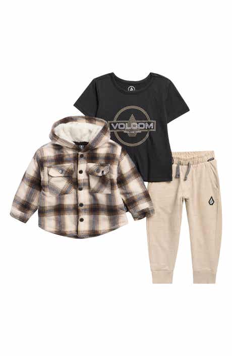 Volcom Plaid Fleece Hooded Shacket, Graphic T-Shirt & Joggers Set