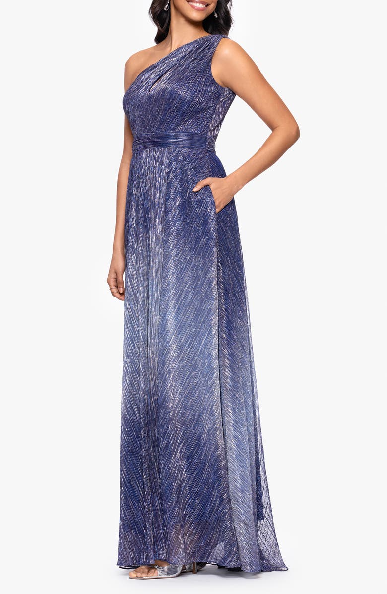 Betsy & Adam Ombré Crinkle Metallic One-Shoulder Gown, Alternate, color, 