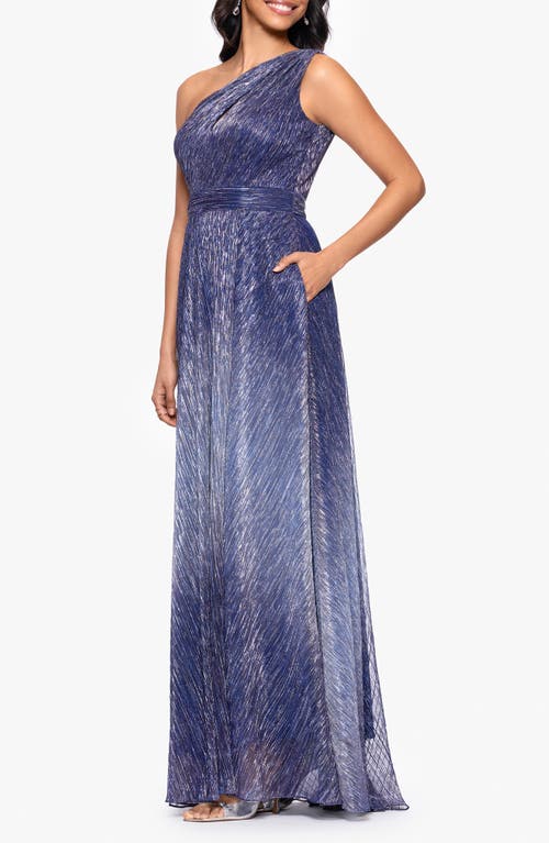 Shop Betsy & Adam Ombré Crinkle Metallic One-shoulder Gown In Navy/peri
