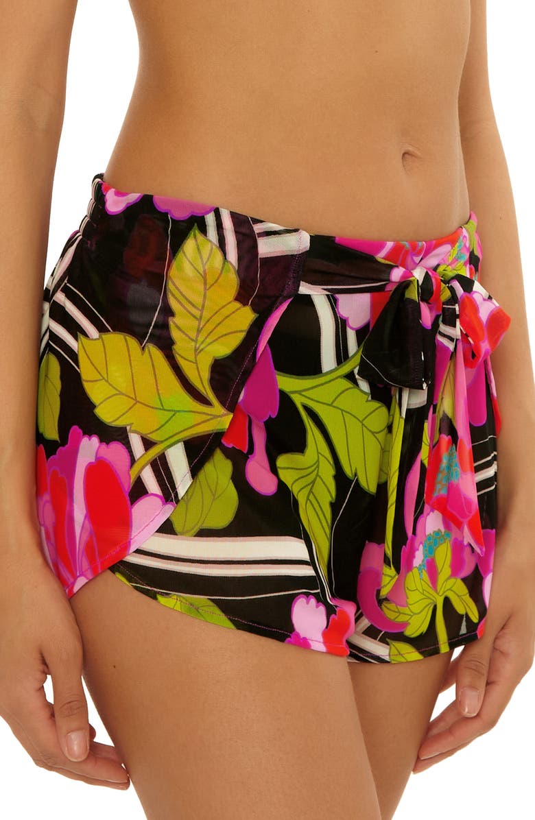 Trina Turk Bougainvillea Tie Waist Print Cover-Up Shorts, Alternate, color, Black Multi