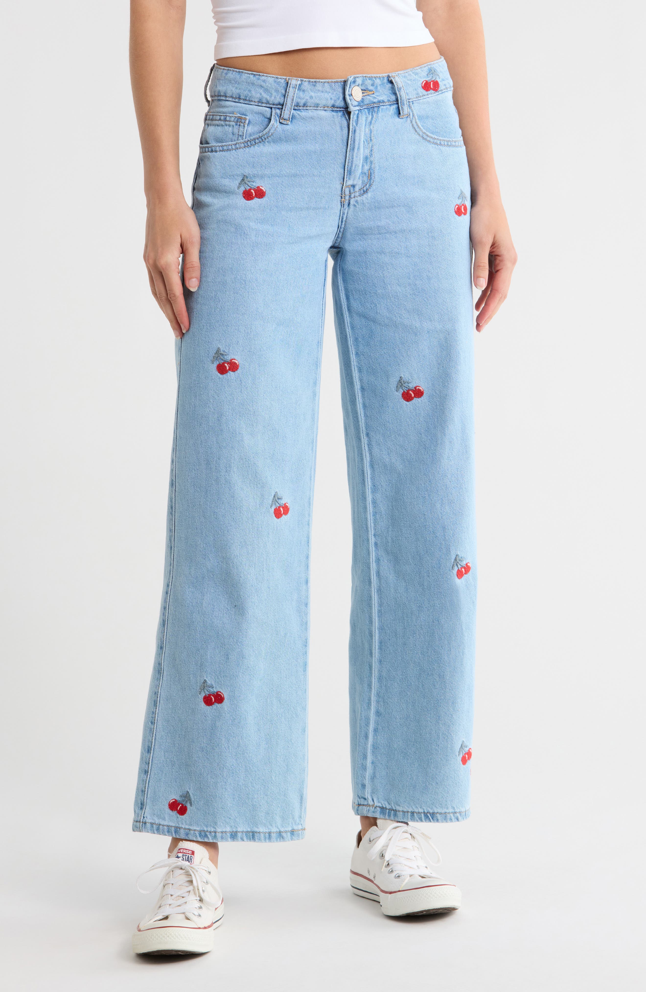 FLYING ANGEL Low Rise Cherry Embroidered Straight Leg Jeans