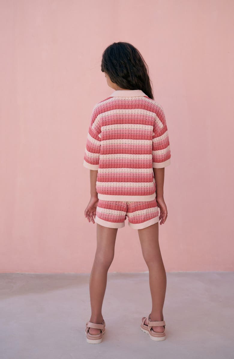 NEXT Kids' Stripe Open Knit Shirt & Shorts Set, Alternate, color, Coral