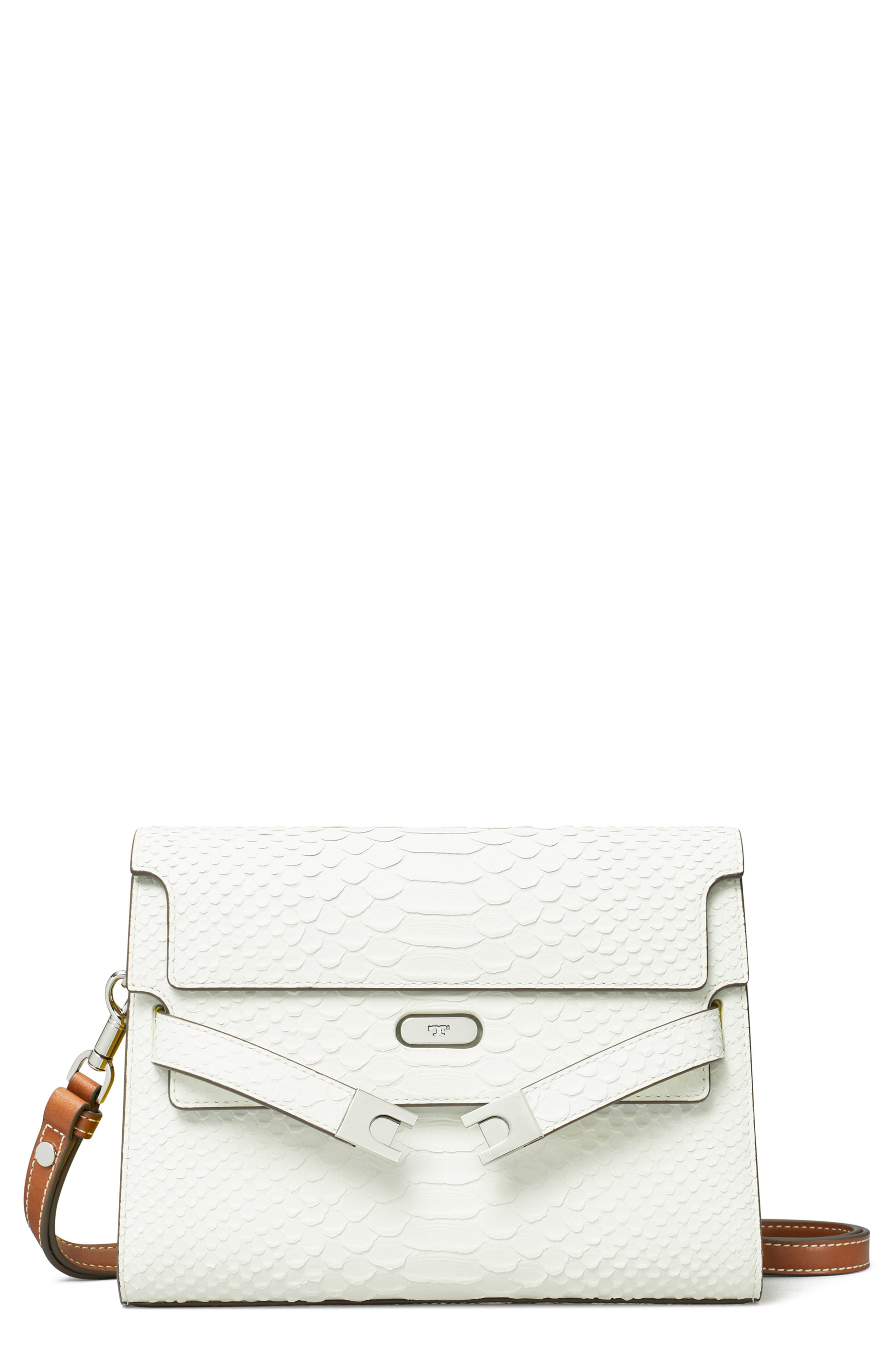 Tory Burch Lee Radziwill Snake Embossed Leather Shoulder Bag, Main, color, Blanc