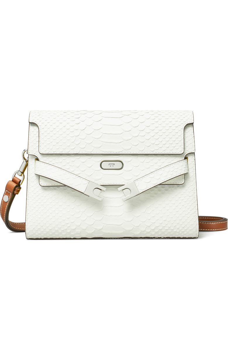 Tory Burch Lee Radziwill Snake Embossed Leather Shoulder Bag, Main, color, Blanc