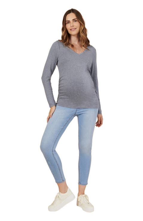 V-Neck Side-Ruched Maternity Long Sleeve Tee