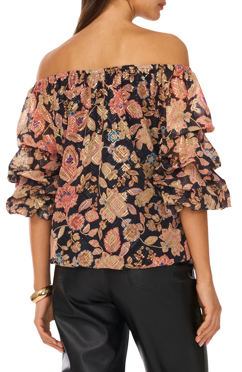 Vince Camuto Floral Off the Shoulder Bubble Sleeve Top, Alternate, color, Rich Black