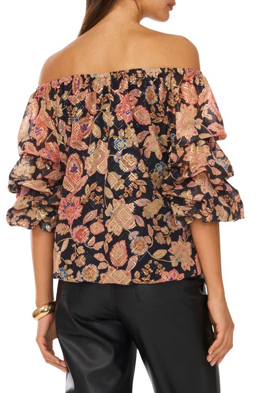 Vince Camuto Floral Off The Shoulder Bubble Sleeve Top In Rich Black