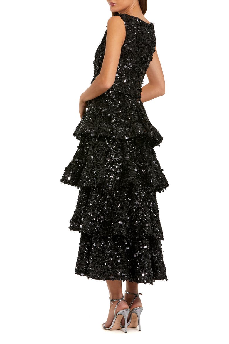 Sleeveless Sequin Ruffle Midi Dress With Belt, Alternate, color, Black