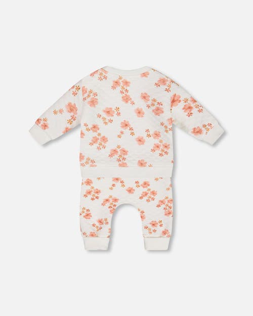 Deux Par Deux Baby Girl's Printed Quilted Top And Pant Set White And Pink Flowers In White And Pink Flowers